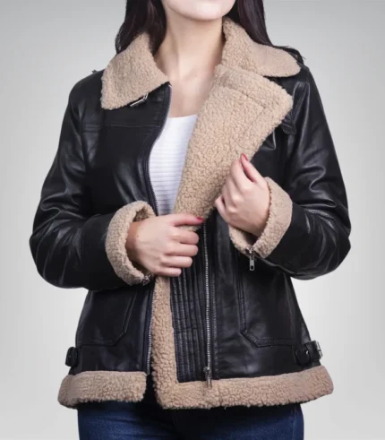 Premium black leather bomber jacket for women with shearling lining
