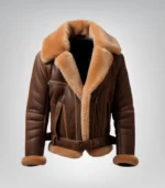 Premium men's brown leather B3 bomber jacket with shearling lining