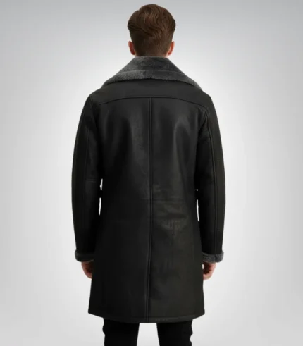 Charles Distressed Black Leather Shearling Double-Breasted Coat