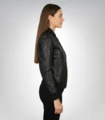 Stylish women's black leather biker jacket front view