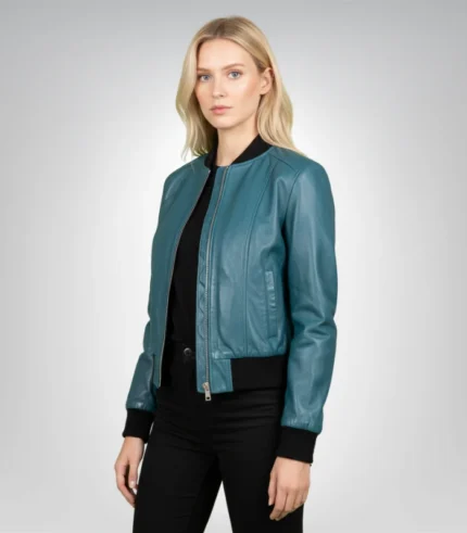 Bliss Blue Leather Bomber Jacket