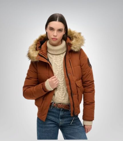 Women's hooded fully lined puffer jacket with embroidered design