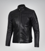 Premium men's black leather biker jacket with zipper detailing