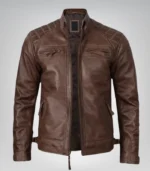 Mens Quilted Shoulder Coffee Brown Biker Leather Jacket