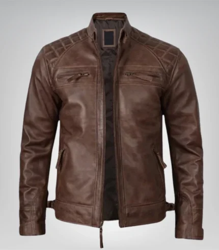 Mens Quilted Shoulder Coffee Brown Biker Leather Jacket