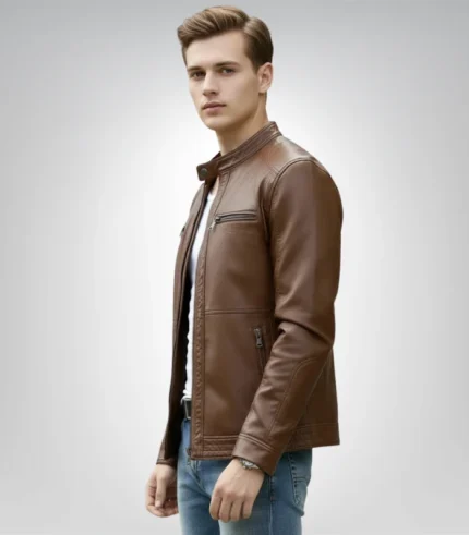 Premium dark brown leather biker jacket for men – cafe racer design