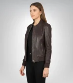 Classic maroon leather biker jacket for women with zipper details