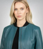 women stylish blue leather biker jacket front view