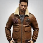 Brown embroidered shearling leather bomber jacket for men