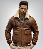 Brown embroidered shearling leather bomber jacket for men