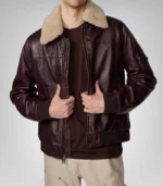 Premium brown leather bomber jacket for men – aviator style with fur hood