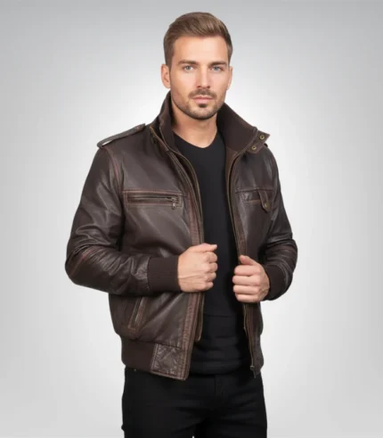 Glen Street Brown Leather Bomber Jacket