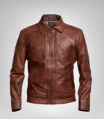Classic men’s slim fit biker jacket – brown distressed leather finish