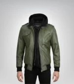 Mens Army Green Bomber Leather Jacket