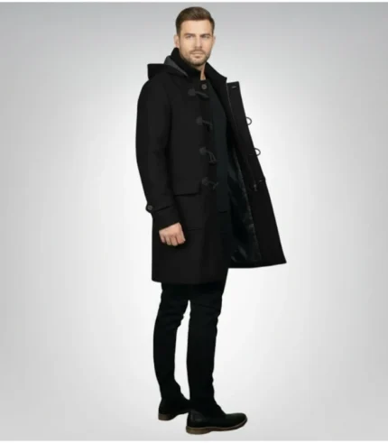 Drake Black Wool Hooded Duffle Coat
