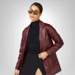 Vintage burgundy leather blazer for women – 90s inspired red jacket
