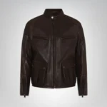 Men's genuine brown leather motorcycle jacket front view