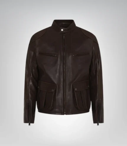 Men's genuine brown leather motorcycle jacket front view