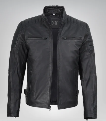 Men’s matte black leather moto jacket – slim fit biker style