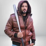 Front view of men’s tan hooded bomber jacket made from genuine lambskin leather with zipper closure