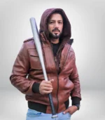 Front view of men’s tan hooded bomber jacket made from genuine lambskin leather with zipper closure