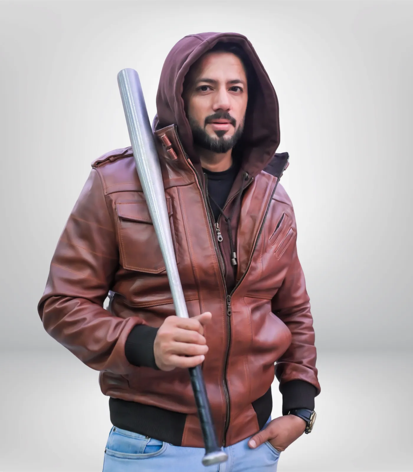 Men’s Tan Hooded Bomber Leather Jacket Front View Front view of men’s tan hooded bomber jacket made from genuine lambskin leather with zipper closure
