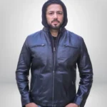 Men’s black leather jacket with removable hood – premium biker style design