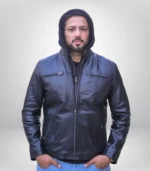 Men’s black leather jacket with removable hood – premium biker style design