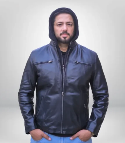 Men’s black leather jacket with removable hood – premium biker style design