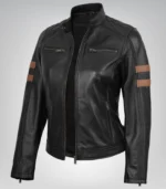 Stylish women’s black motorcycle jacket – genuine leather with amber stripe
