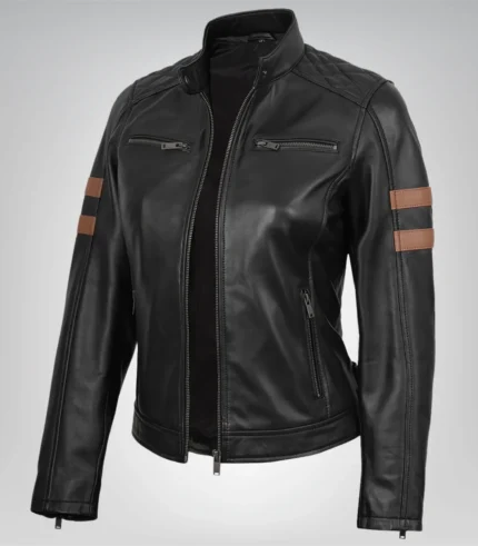 Stylish women’s black motorcycle jacket – genuine leather with amber stripe