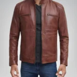 Men’s tall fit cognac brown leather biker jacket – premium real leather design