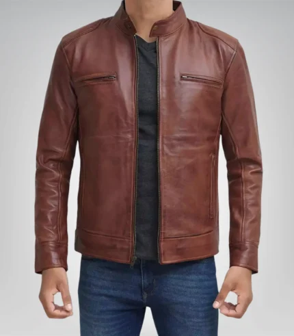 Men’s tall fit cognac brown leather biker jacket – premium real leather design