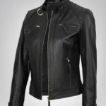 Women’s black real leather biker jacket – premium lambskin with golden details