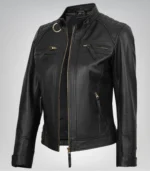 Women’s black real leather biker jacket – premium lambskin with golden details