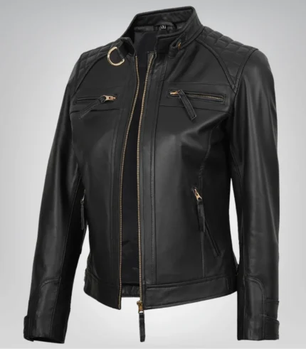 Women’s black real leather biker jacket – premium lambskin with golden details