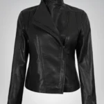 Women’s black real leather biker jacket – asymmetrical zip closure and classic moto style