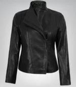 Women’s black real leather biker jacket – asymmetrical zip closure and classic moto style