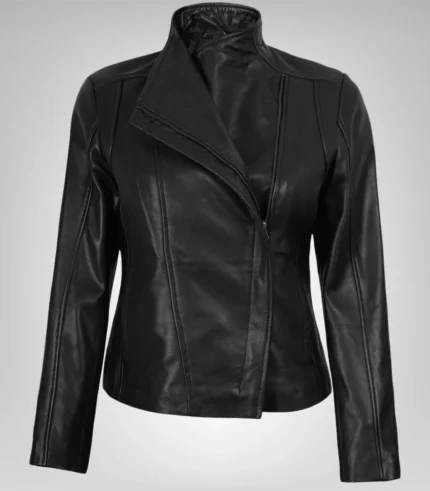 Women’s black real leather biker jacket – asymmetrical zip closure and classic moto style