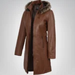 Women’s Brown Leather Coat with Removable Hood and Faux Fur Trim