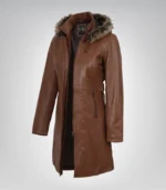 Women’s Brown Leather Coat with Removable Hood and Faux Fur Trim