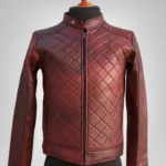 Men’s vintage burgundy red leather jacket – handmade biker coat with quilted design