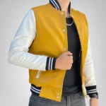Men’s yellow and white leather varsity jacket – premium college letterman style