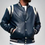 Men’s navy blue leather varsity jacket – classic sports-inspired bomber with white striped trim