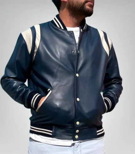 Men’s navy blue leather varsity jacket – classic sports-inspired bomber with white striped trim