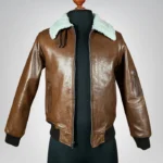 Men’s brown leather aviator jacket – premium full-grain bomber with faux shearling collar