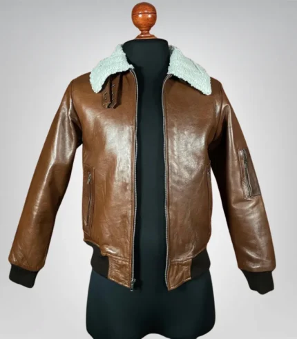 Men’s brown leather aviator jacket – premium full-grain bomber with faux shearling collar