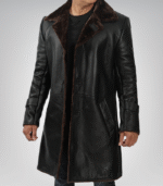 Men’s 3/4 Length Genuine Black Leather Coat with Brown Shearling Lining - Image 3