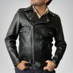 Men’s 90s vintage black biker leather jacket – double rider handmade cowhide moto style