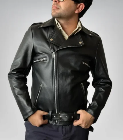 Men’s 90s vintage black biker leather jacket – double rider handmade cowhide moto style